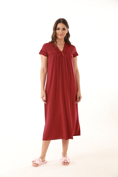 Satin Solid V-Neck Long Night Dress - Flourish Nightwear & Undergarments