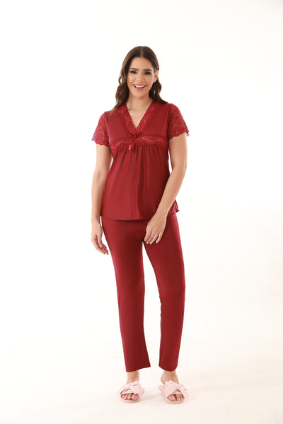 Lace Sleeve Front-V 2 Pcs PJ Set - Flourish Nightwear & Undergarments