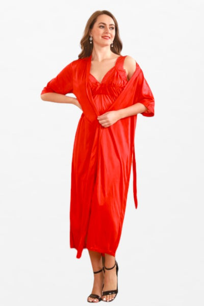 Satin Solid 2 Pcs Thick Strap Nightdress - Elbow-Length Sleeve Robe - Flourish Nightwear & Undergarments