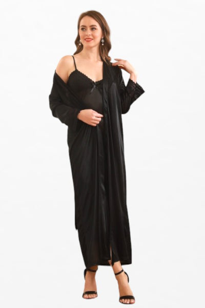 Satin Solid 2 Pcs Nightdress - Full Sleeve Robe - Flourish Nightwear & Undergarments