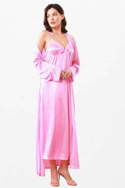 Satin Solid 2 Pcs Nightdress - Full-Sleeve Ankle-Length Robe - Flourish Nightwear & Undergarments