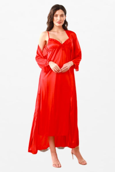 Satin Solid 2 Pcs Thin Strap Nightdress - Full Sleeve Robe - Flourish Nightwear & Undergarments