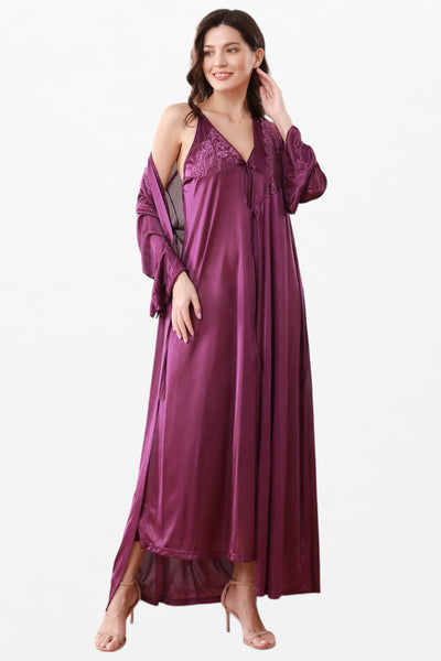 Satin Solid 2 Pcs Nightdress - Full-Sleeve Cross-Chest Tie-up Robe - Flourish Nightwear & Undergarments
