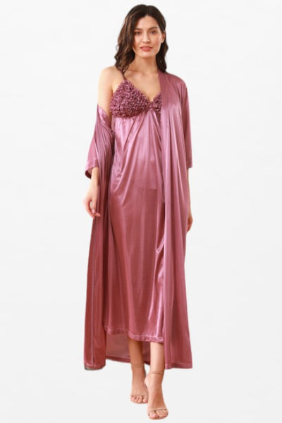 Satin Solid 2 Pcs Chic Nightdress - Elbow-Length Sleeve Robe - Flourish Nightwear & Undergarments