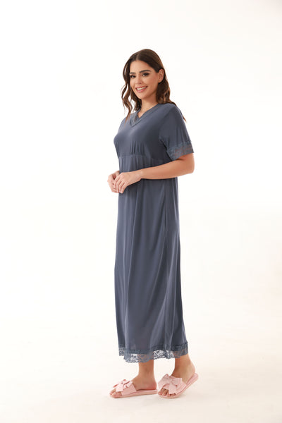 Satin Solid Short Sleeve Long Night Dress - Flourish Nightwear & Undergarments