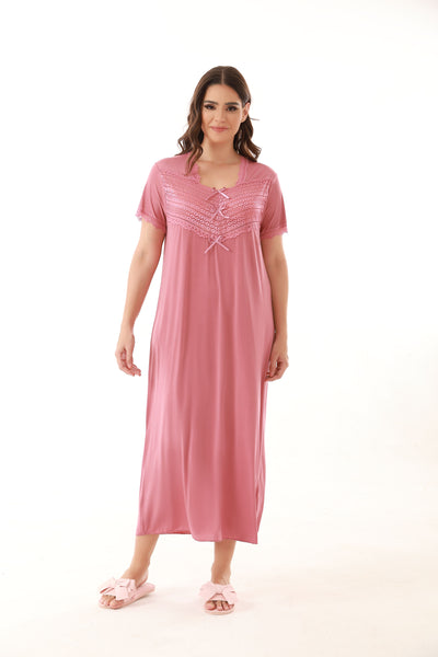 Satin Solid Front Lace Long Night Dress - Flourish Nightwear & Undergarments