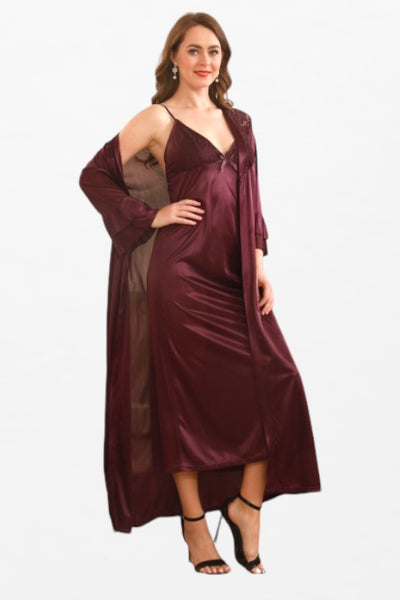 Satin Solid 2 Pcs Nightdress - Full Sleeve Lace Neck Robe - Flourish Nightwear & Undergarments