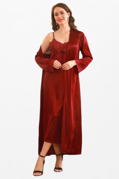 Satin Solid 2 Pcs Nightdress - Full-Sleeve Wrist Lace Robe - Flourish Nightwear & Undergarments