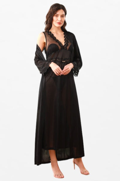 Satin Solid 2 Pcs Nightdress - Full Sleeve Short Wrist-Lace Robe - Flourish Nightwear & Undergarments