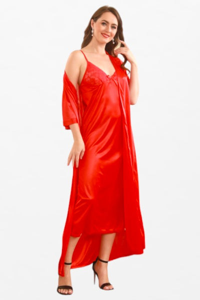 Satin Solid 2 Pcs Nightdress - Elbow-Length Sleeve Lace-Neck Robe - Flourish Nightwear & Undergarments