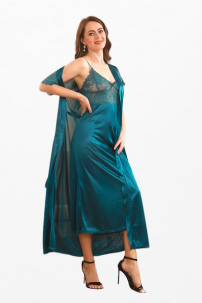 Satin Solid 2 Pcs Nightdress - Short Sleeve Robe - Flourish Nightwear & Undergarments