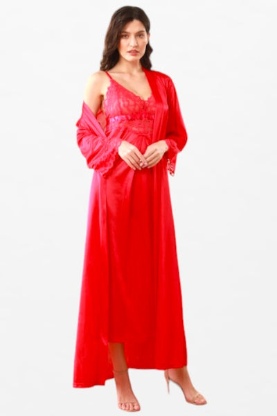 Satin Solid 2 Pcs Nightdress - Full Sleeve Wrist-Lace Robe - Flourish Nightwear & Undergarments