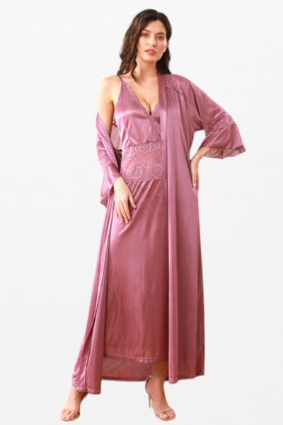 Satin Solid 2 Pcs Nightdress - Fancy Lace Robe - Flourish Nightwear & Undergarments