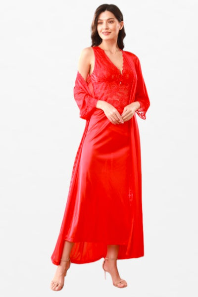 Satin Solid 2 Pcs Nightdress - Full-Sleeve Front-Lace Border Robe - Flourish Nightwear & Undergarments
