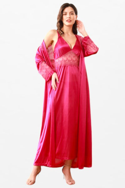 Satin Solid 2 Pcs Nightdress - Full-Sleeve Wrist-Lace Neck-Lace Robe - Flourish Nightwear & Undergarments