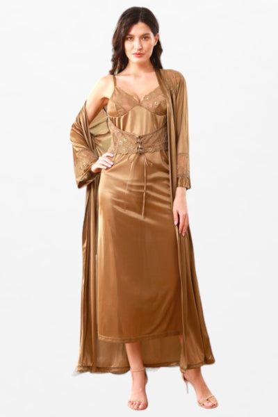 Satin Solid 2 Pcs Lace-Belted Nightdress - Full-Sleeve Robe - Flourish Nightwear & Undergarments