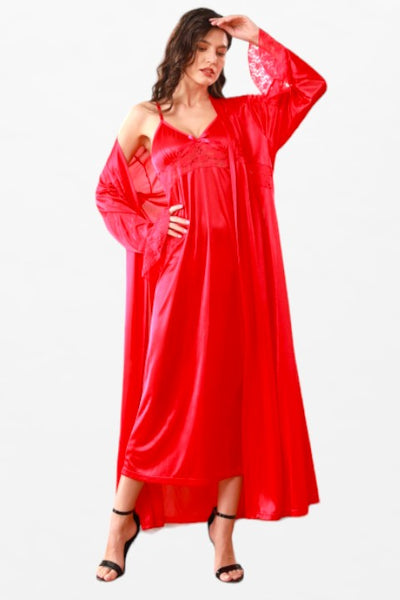 Satin Solid 2 Pcs Nightdress - Full-Sleeve Wrist Lace-Frill Robe - Flourish Nightwear & Undergarments
