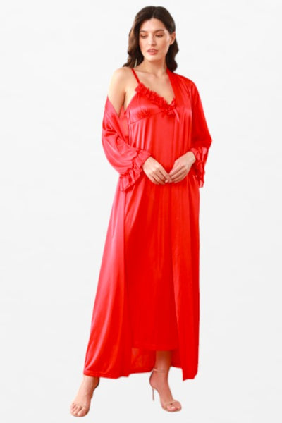 Satin Solid 2 Pcs Nightdress - Full-Sleeve Neck-Frill Robe - Flourish Nightwear & Undergarments