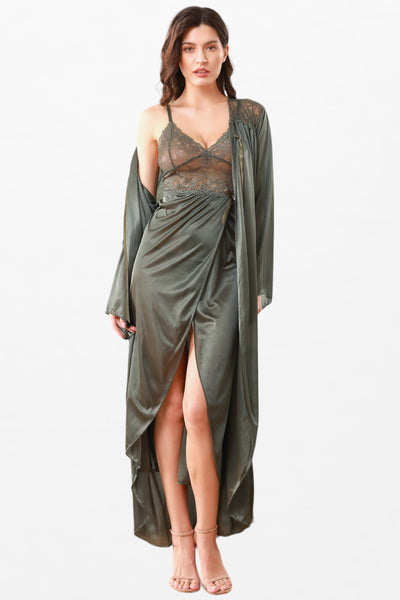 Satin Solid 2 Pcs Sweetheart Slit Wrap Nightdress - Full-Sleeve Robe - Flourish Nightwear & Undergarments