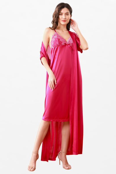 Satin Solid 2 Pcs Midi Nightdress - Short Lace-Sleeve Long Robe - Flourish Nightwear & Undergarments
