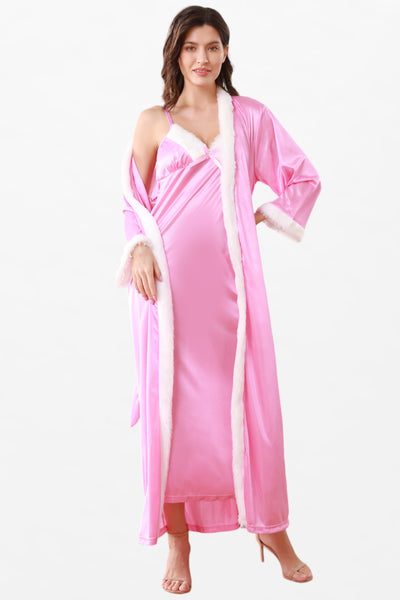 Satin Solid 2 Pcs Nightdress - Full-Sleeve Soft Fir-Border Robe - Flourish Nightwear & Undergarments