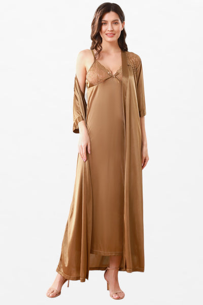 Satin Solid 2 Pcs Nightdress - Elbow-Length Sleeve Robe - Flourish Nightwear & Undergarments