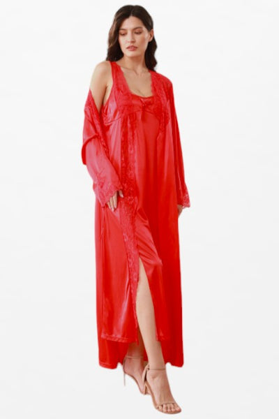Satin Solid 2 Pcs Nightdress - Full-Sleeve Stylish Lace Embellished Robe - Flourish Nightwear & Undergarments